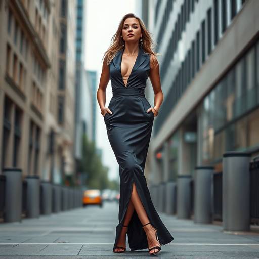 Fotografia di moda con una modella che indossa un abito elegante e posa in una location urbana con uno stile sofisticato.
