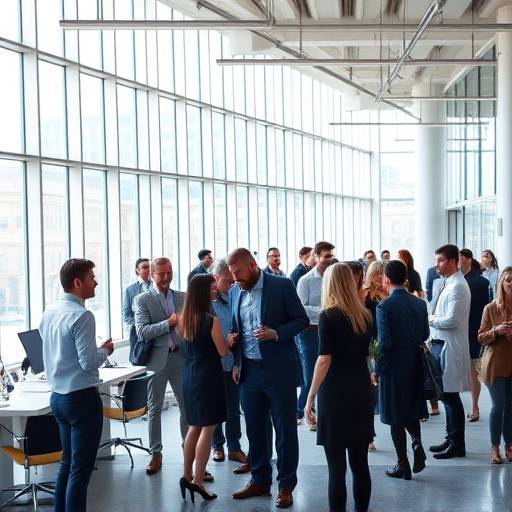 Fotografia di un evento aziendale con persone che networking e conversano in un ambiente moderno e luminoso.