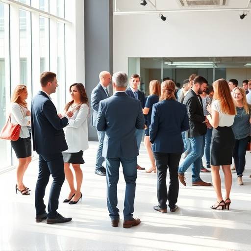 Fotografia di un evento aziendale con persone che networking e conversano in un ambiente moderno e luminoso.