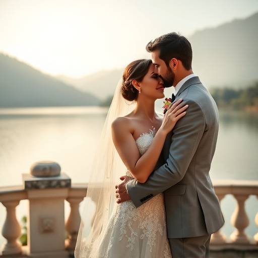 Fotografia di un matrimonio elegante a Villa d'Este, sul Lago di Como. Gli sposi si abbracciano con il lago sullo sfondo.