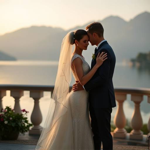 Fotografia di un matrimonio elegante a Villa d'Este, sul Lago di Como. Gli sposi si abbracciano con il lago sullo sfondo.