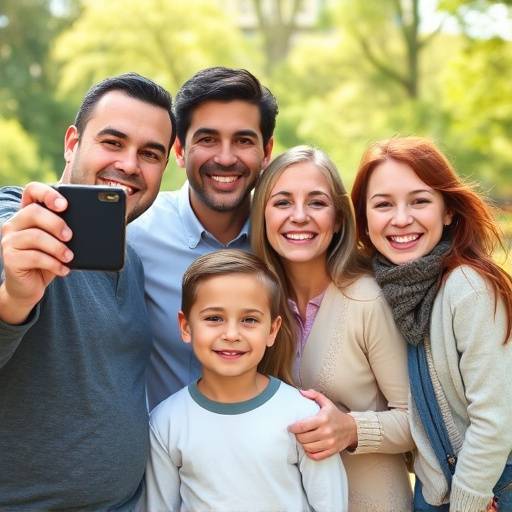 Fotografia di una famiglia felice che sorride alla telecamera durante un servizio fotografico all'aperto in un parco di Milano.