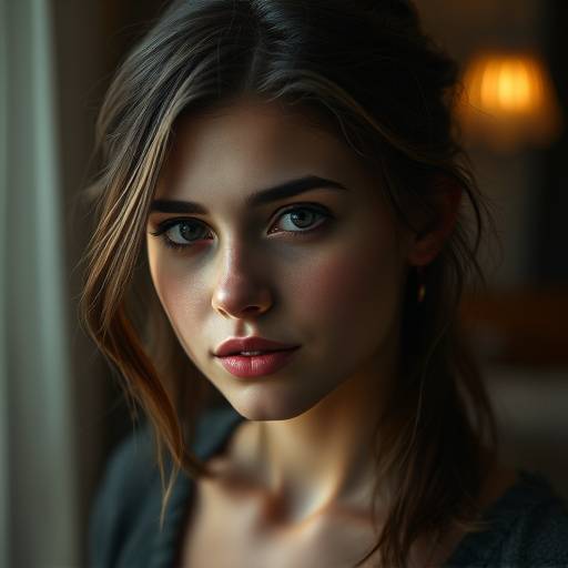 Ritratto artistico di una giovane donna con uno sguardo intenso e uno sfondo sfocato che crea un'atmosfera intima.