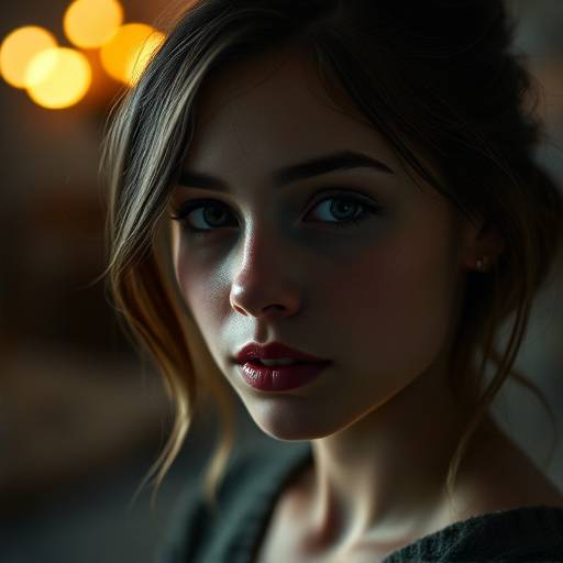 Ritratto artistico di una giovane donna con uno sguardo intenso e uno sfondo sfocato che crea un'atmosfera intima.